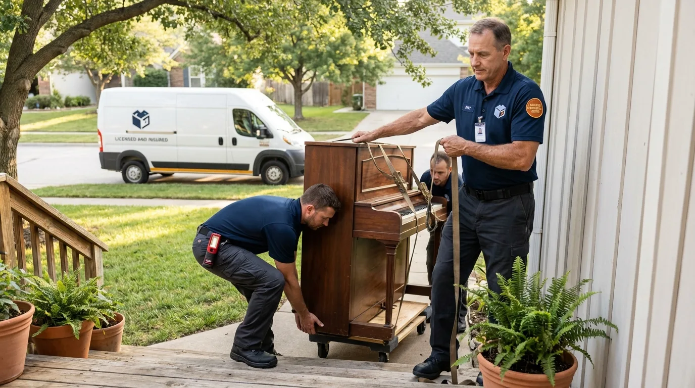 Licensed piano movers securing grand piano in Elba, AL