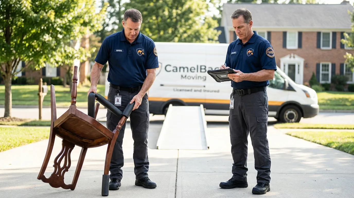 Movers inspecting furniture for damage prevention before loading in Elba, AL