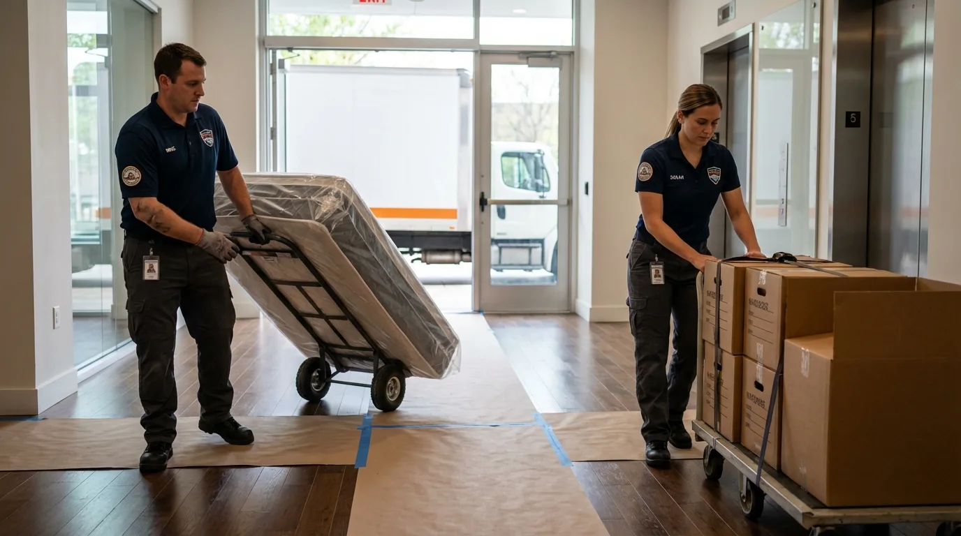Professional apartment movers loading elevator in Elba, AL